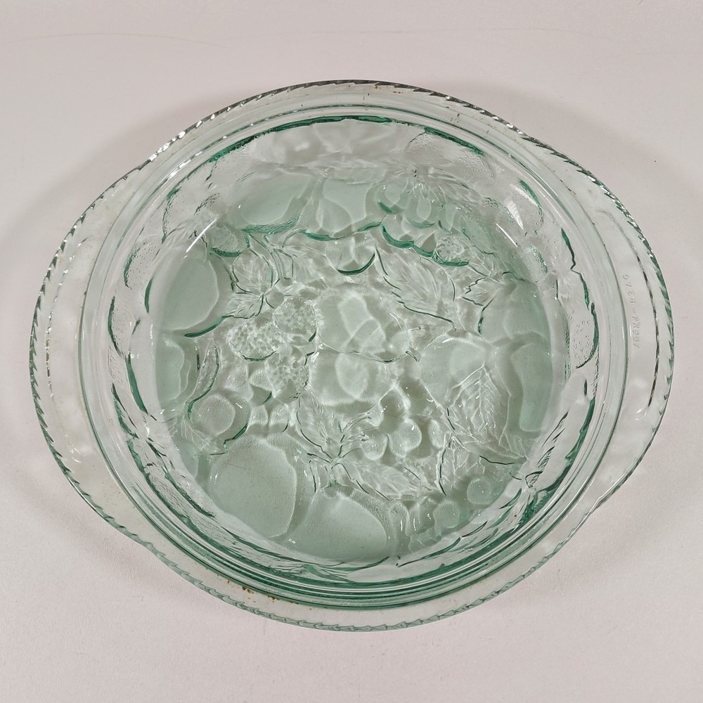 Libbey Large Round Green Glass Replacement Lid Pie Pan Orchard Fruit Pattern 3qt
